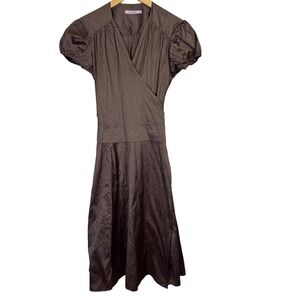 Calypso Christiane Celle Dress XS Brown 100% Silk Crinkle Wrap Short Sleeve Midi